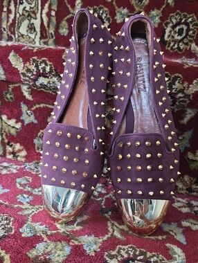 SCHUTZ Burgundy Studded Loafers with Gold Cap Toe